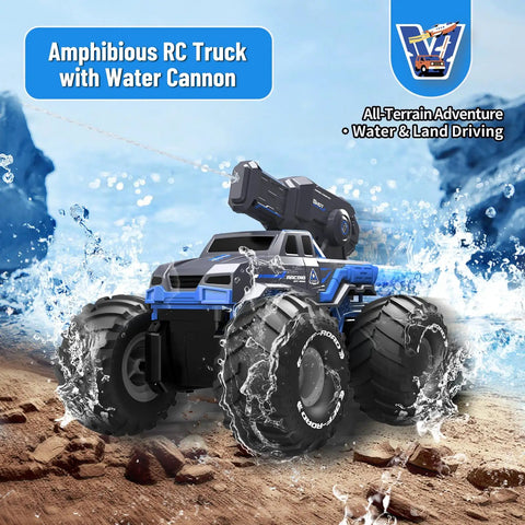 Amphibious 4WD RC Monster Truck With Waterproof Boat And Water Gun on rocky terrain and water splash background