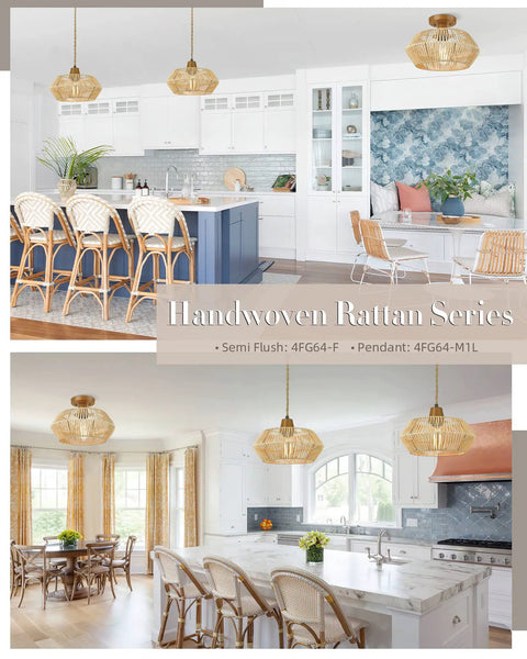 Handmade Rattan Ceiling Light Fixture With Woven Shade in kitchen and dining room settings showcasing boho style and cozy vibe.