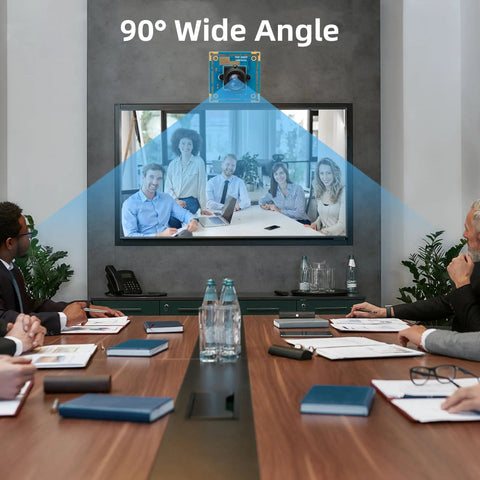 Business meeting with 1080P USB Camera Module capturing wide-angle view on screen in conference room setup.