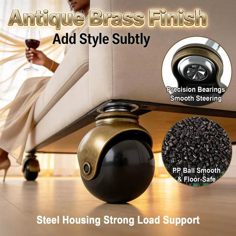 2 Inch Ball Caster Wheels Set Of 4 With Vintage Antique Brass Finish And Five Sixteenth Inch By One And A Half Inch Stem And Sleeve Heavy Duty Swivel Furniture Casters For Chairs Cabinets Tables And More shown on sofa