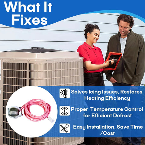 Front view of outdoor HVAC condenser with two technicians; pink wired defrost temperature sensor with connector inset