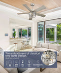 Farmhouse Industrial Ceiling Fan With Light And Remote 48 Inch Beefy Iron Build in living room setting