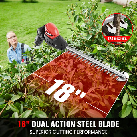 Close-up of Ultra Lightweight Cordless Pole Hedge Trimmer With Dual Batteries and Charger, 18 Inch Blade trimming hedge
