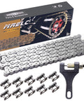 Front view of MRELC 415H-110L drive chain with chain breaker tool, silver chain and spare links, box