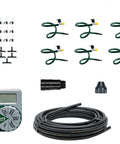 Hanging Basket Drip Irrigation Kit With 1 Outlet Digital Hose Faucet Sprinkler Timer components laid out on white background.