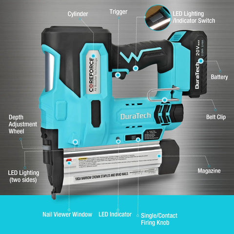No Nonsense Heavy Duty 20V Cordless Brad Nailer And Staple Gun 18 Gauge showing trigger, cylinder, and battery with features labeled.