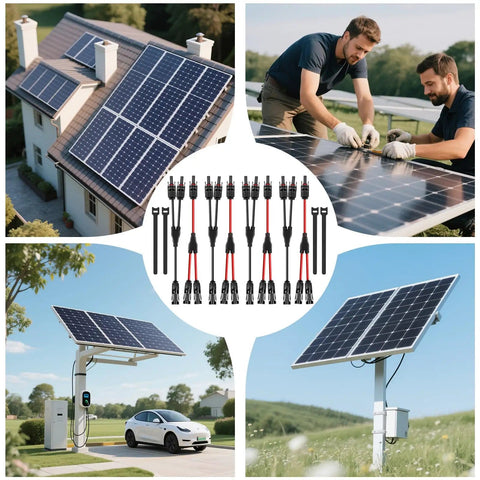4 Pairs Solar Y Branch Connectors Kit 1 To 2 Parallel PV Adapters 30A Cable Wire Plug Tool Set with rooftop and ground solar arrays