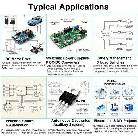 Logic Level MOSFET Kit With 12 Pieces, High Current 47A 55V Transistors For DIY Projects, Arduino And Raspberry Pi Friendly, IRLZ44N Compatible, Easy Microcontroller Drive, Fast Switching For Power Control, typical applications chart