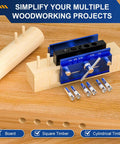 Self Centering Dowel Jig Kit With Drill Guide And 6 Drill Bushings on wood surface, blue aluminum body, woodworking tool.