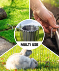 Heavy Duty 6 Inch Garden Stakes 25 Pack Anti Rust 11 Gauge Galvanized Ground Staples For Lawn Landscape Fabric Weed Barriers Irrigation Hose And Yard Projects shown in use securing plants and garden fencing.