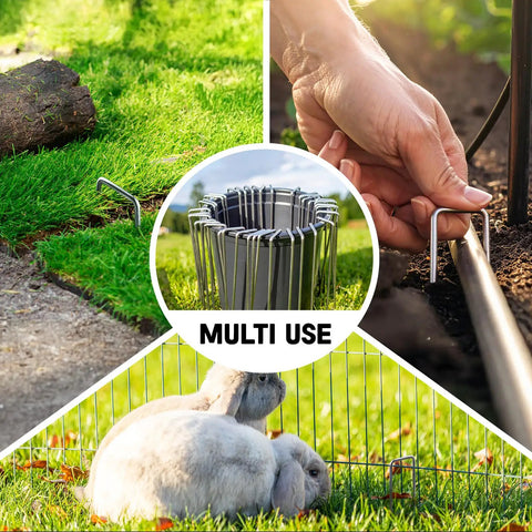 Heavy Duty 6 Inch Garden Stakes 25 Pack Anti Rust 11 Gauge Galvanized Ground Staples For Lawn Landscape Fabric Weed Barriers Irrigation Hose And Yard Projects shown in use securing plants and garden fencing.