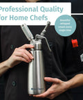 Person holding 304 Stainless Steel Whipped Cream Dispenser 500ml With 3 Decorating Nozzles, ideal for desserts and home chefs.