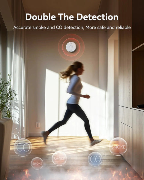 Combo Smoke And Carbon Monoxide Alarm With Ten Year Battery Dual Sensor Smoke Detector With Bilingual Voice Alerts Reduced Nuisance Alarms For Home Safety Four Pack wall-mounted in modern room