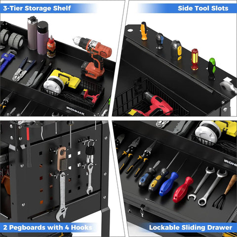 3 Tier Rolling Tool Cart With Lockable Drawer And Pegboard Hooks, Built Tough Heavy Duty Metal Utility Cart On Wheels For Garage, Workshop And Warehouse Organization with 3-tier shelves and pegboard hooks