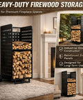 Beefy Heavy Duty 800 Pound Firewood Rack Cart With Wheels showcasing logs stacked indoors next to a fireplace on carpet.