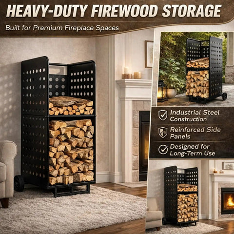 Beefy Heavy Duty 800 Pound Firewood Rack Cart With Wheels showcasing logs stacked indoors next to a fireplace on carpet.