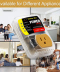 Two Pack Surge Protector For Home Appliances With Auto Voltage Protection 110V 15A Red Protects Against Voltage Spikes Brownouts And Fluctuations With Easy Indicators And Safe Outlet on display next to various home appliances.