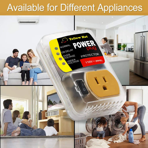 Two Pack Surge Protector For Home Appliances With Auto Voltage Protection 110V 15A Red Protects Against Voltage Spikes Brownouts And Fluctuations With Easy Indicators And Safe Outlet on display next to various home appliances.