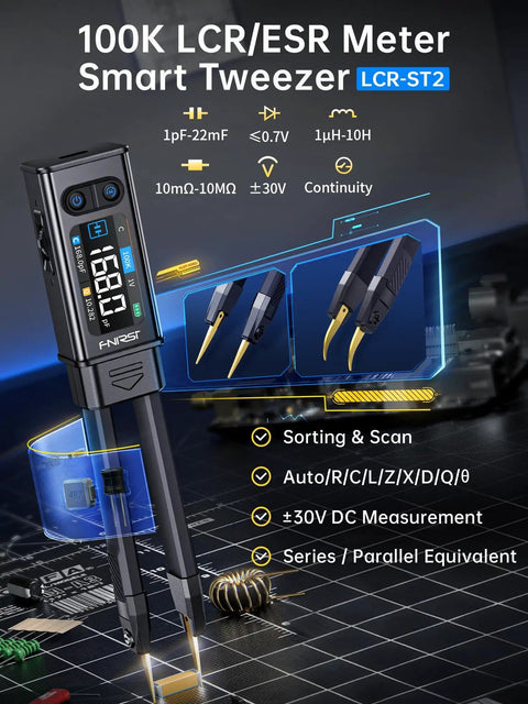 All In One SMD LCR ESR Meter With Tweezer Probes Auto Sort And Compare Measures Resistors Capacitors Inductors Diodes Display