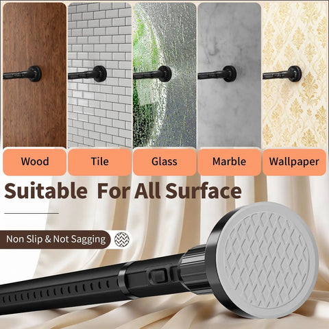Heavy Duty Tension Curtain Rod 41 To 86 Inches No Drilling Easy Install For Windows Bathrooms Patios Black 1.26 Inch Diameter Never Rust Tool Free Quick Lock Adjusts Tension on various surfaces like wood, tile, glass, marble, and wallpaper.