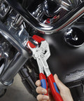 Adjustable Pliers Wrench Chrome Finish With Quick Release Button in use on motorcycle, infinite jaw width, parallel jaws