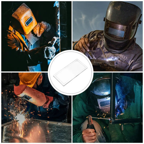 Top Notch 3 Piece Welding Helmet Lens Replacement With 2.0x Magnification Durable PC Protective Shield displayed with welders at work.