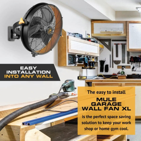 18-Inch Garage Wall Mount Fan With Beast-Mode 5400 CFM Wet-Rated Airflow installed on wall in a workshop, showcasing easy installation.
