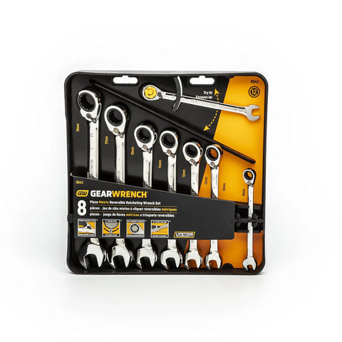Eight Piece 12 Point Reversible Ratcheting Wrench Set Metric For Fasteners With 72 Teeth 5 Degree Swing in packaging
