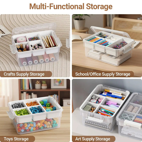 Stackable 40Qt Storage Bins With Lids And Trays, Clear Plastic Latching Boxes With Dividers, Portable 10 Gal Containers