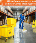 No Sweat Heavy Duty Commercial Mop Bucket On Wheels With Side Press Wringer And 35 Quart Size for efficient floor cleaning in a warehouse.