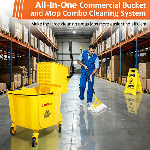 No Sweat Heavy Duty Commercial Mop Bucket On Wheels With Side Press Wringer And 35 Quart Size for efficient floor cleaning in a warehouse.