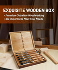 Six Piece Pro Grade Wood Chisel Set With Premium Wooden Case For Carpenters And Craftsmen displayed on a woodworking bench.