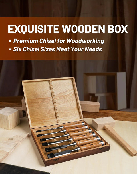 Six Piece Pro Grade Wood Chisel Set With Premium Wooden Case For Carpenters And Craftsmen displayed on a woodworking bench.