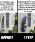 Before and after using Heavy Duty HVAC Pipe Insulation Wrap For Central Air Conditioning And Mini Splits, showing protection from elements.
