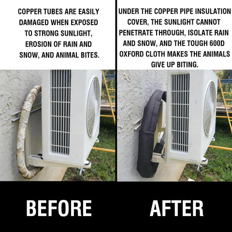 Before and after using Heavy Duty HVAC Pipe Insulation Wrap For Central Air Conditioning And Mini Splits, showing protection from elements.