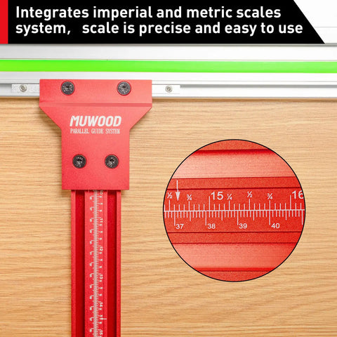 Close-up of Track Saw Parallel Guide System showing measurement scale, compatible with Festool Makita Milwaukee track saws.