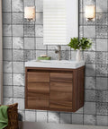 Stainless Steel Peel And Stick Backsplash Tiles 10 Sheets 3D Carven Silver in bathroom setting with wood vanity and mirror