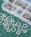304 Stainless Steel Flat Washer Set, 175 Piece Assortment in 6 Sizes M4 M5 M6 M8 M10 M12, open storage box with assorted washers