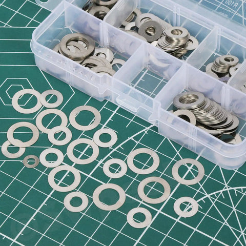 304 Stainless Steel Flat Washer Set, 175 Piece Assortment in 6 Sizes M4 M5 M6 M8 M10 M12, open storage box with assorted washers
