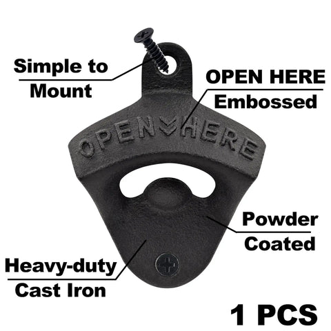 Heavy Duty Cast Iron Beer Bottle Opener Wall Mounted With Installation Screws Rock Solid Old School Design For Man Cave Bar Setup, embossed design detail