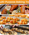 Six Pack Full Size Aluminum Baking Sheets Set with cooked chicken, croissants, and cookies, NSF Certified, Oven Safe Up To 500 Degrees