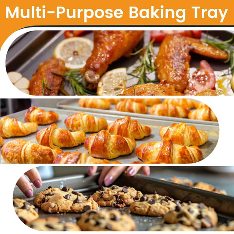 Six Pack Full Size Aluminum Baking Sheets Set with cooked chicken, croissants, and cookies, NSF Certified, Oven Safe Up To 500 Degrees