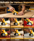 Super Snazzy Cordless Electric Box Cutter With 2 Blades cutting cardboard, fabric, leather, and plastic materials.