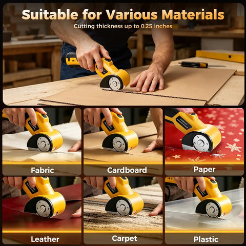 Super Snazzy Cordless Electric Box Cutter With 2 Blades cutting cardboard, fabric, leather, and plastic materials.