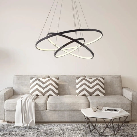 Lit Three Ring Modern LED Chandelier Pendant Light For Dining And Living Rooms Dimmable Circular Ceiling Fixture Black Finish Integrated LED Stepless Dimming 60 40 20 cm 7650 Lumen Brightness Easy Install over modern living room.