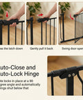 Diagram showing operation of Extra Wide Baby Gate For Doorways And Stairs Tension Mounted Auto Close Walk Through Pet Gate In Black Metal