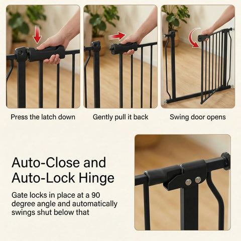 Extra Wide Indoor Baby Gate With Auto Close, Walk Through Pressure Mounted Safety Gate features auto-close latch mechanism