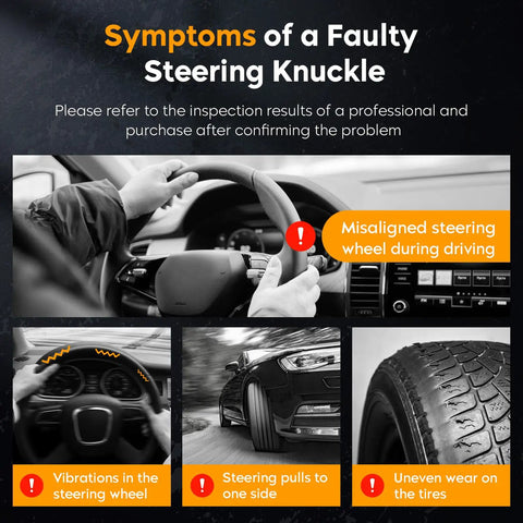 Symptoms of a faulty steering knuckle highlighted, including misaligned steering, vibrations, pulling, and tire wear.