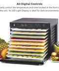 No Sweat Electric Food Dehydrator With Digital Temperature Control And Smart Timer large black unit with layers of dehydrating fruits, vegetables, and herbs.