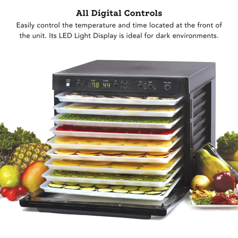 No Sweat Electric Food Dehydrator With Digital Temperature Control And Smart Timer large black unit with layers of dehydrating fruits, vegetables, and herbs.